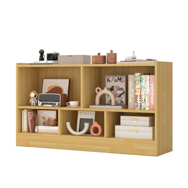 Kids 2-shelf bookcase with 5-cube storage for toys and books, stylish wood organizer in angle view.