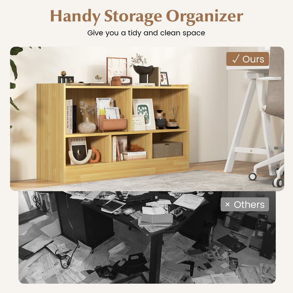 Kids 2-shelf bookcase with 5-cube storage for toys, angled view showcasing stylish organization for playrooms.