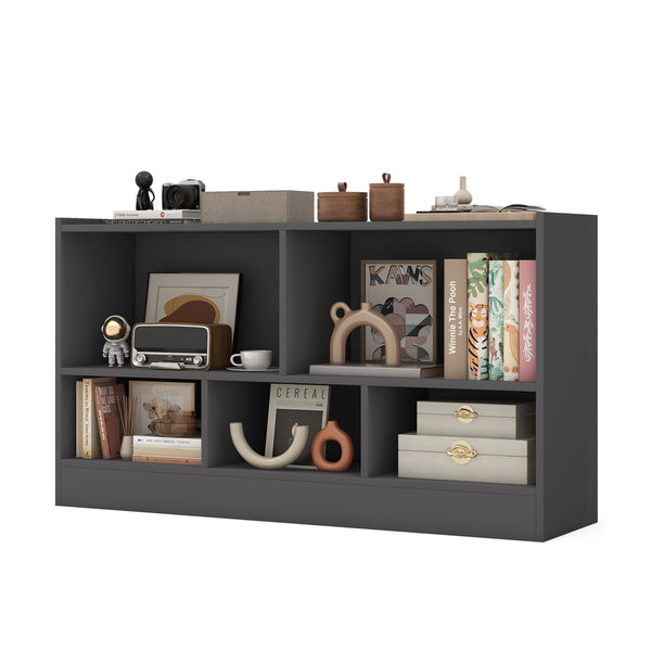 Kids 2-shelf bookcase with 5-cube storage for toys, stylish wood organizer in angle view. Perfect for playrooms!