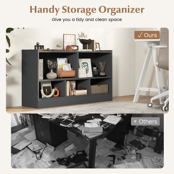 Kids 2-shelf bookcase with 5-cube storage for toys, angled view showcasing stylish organization for playrooms.