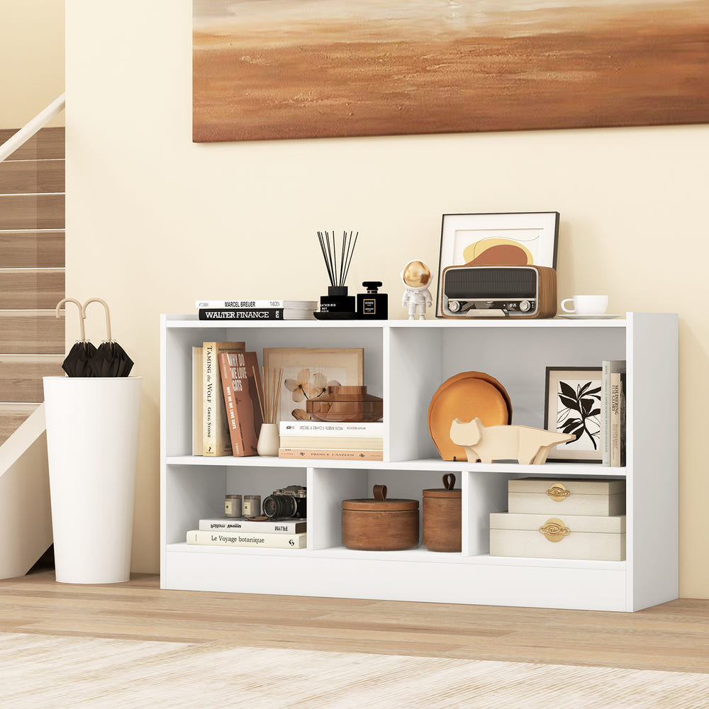 Kids 2-shelf bookcase with 5-cube storage for toys and books, perfect for organizing playrooms and nurseries.