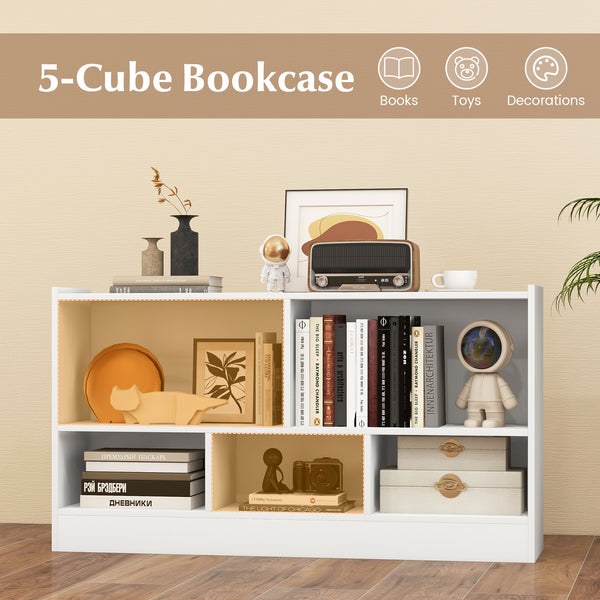 Kids 2-shelf bookcase with 5-cube storage for toys, perfect organizer for playrooms and nurseries.