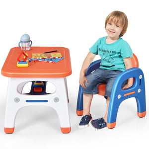 Kids activity table and chair set with Montessori toys for preschoolers, angled view showcasing fun and educational design.