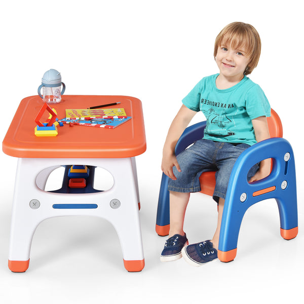 Kids activity table and chair set with Montessori toys for preschoolers, angled view showcasing fun and educational design.