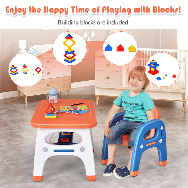 Kids activity table and chair set with Montessori toys for preschoolers, angled view showcasing vibrant design and functionality.