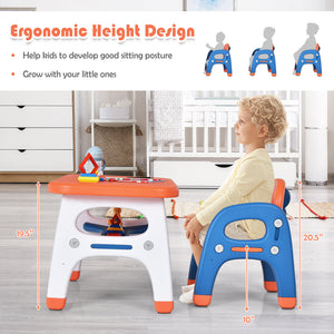 Kids activity table and chair set with Montessori toys for preschoolers, angled view showcasing vibrant colors and design.