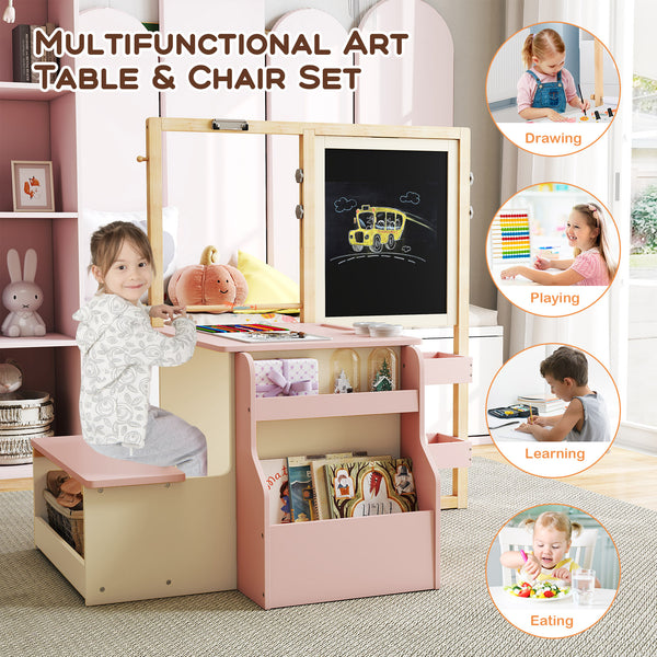 Kids Art Center Wooden Table Bench Set for creative play, perfect for young artists. Angle 8 view.