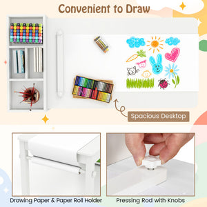 Kids art table and chairs set with 2 chairs and paper roll, white, angle view 7. Perfect for creative playtime!