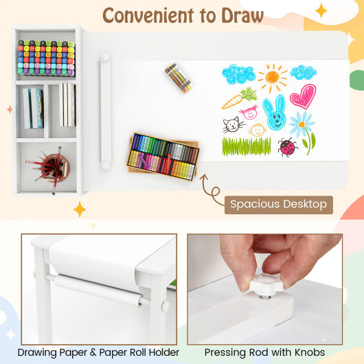 Kids art table and chairs set with 2 chairs and paper roll, white, angle view 7. Perfect for creative playtime!