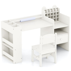 Kids art table and chair set in white with detachable paper roll holder and cabinet, angled view.
