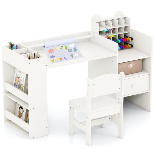 Kids art table and chair set with paper roll holder and cabinet, white, shown from angle 3. Perfect for creative play!