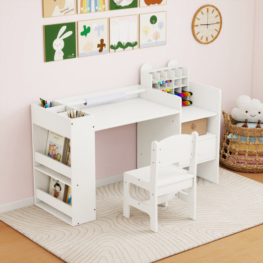 Kids art table and chair set in white with detachable paper roll holder and cabinet, perfect for creative play.