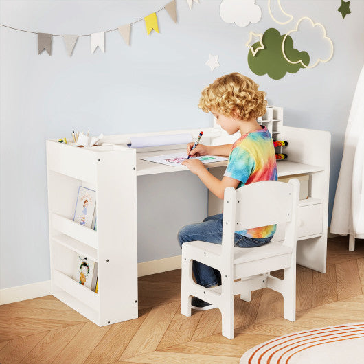 Kids art table and chair set in white with detachable paper roll holder and cabinet, shown from angle 2.