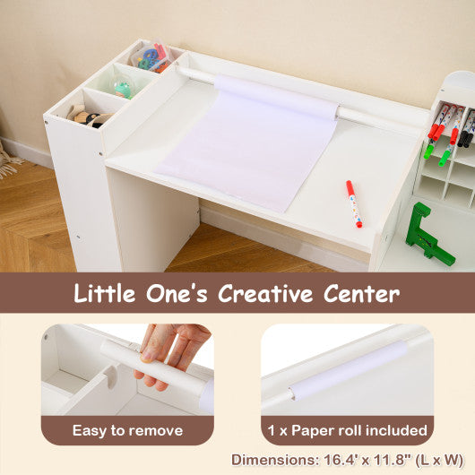 Kids art table and chair set in white with detachable paper roll holder and cabinet, shown from angle 6.