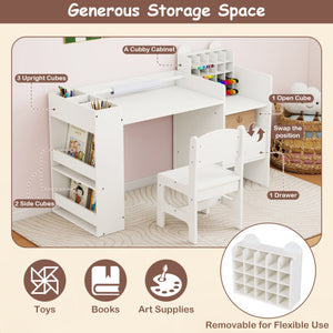 Kids art table and chair set in white with detachable paper roll holder and cabinet, angled view.