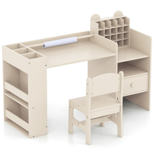 Kids Art Table and Chair Set with Detachable Paper Roll Holder and Cabinet-Natural