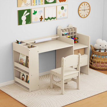 Kids Art Table and Chair Set with Detachable Paper Roll Holder and Cabinet-Natural