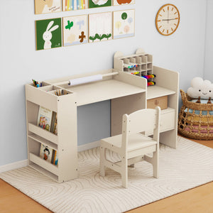 Kids Art Table and Chair Set with Detachable Paper Roll Holder and Cabinet-Natural