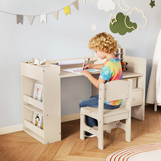 Kids Art Table and Chair Set with Detachable Paper Roll Holder and Cabinet-Natural