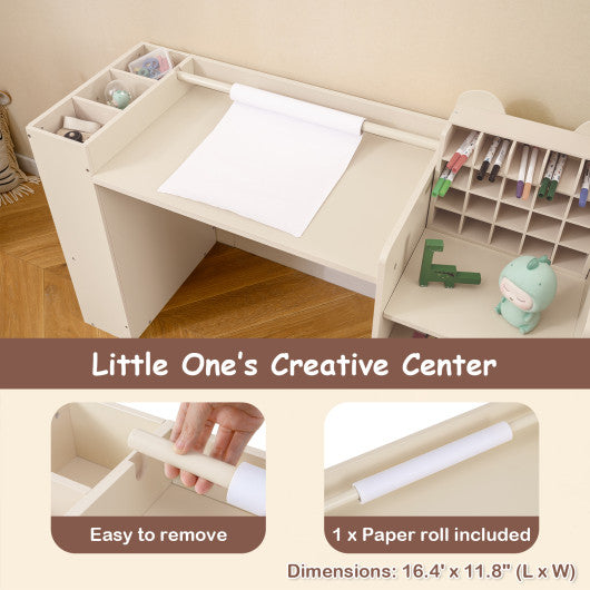 Kids Art Table and Chair Set with Detachable Paper Roll Holder and Cabinet-Natural