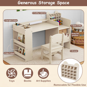 Kids Art Table and Chair Set with Detachable Paper Roll Holder and Cabinet-Natural