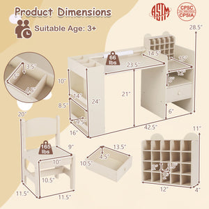 Kids Art Table and Chair Set with Detachable Paper Roll Holder and Cabinet-Natural
