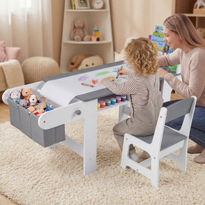 Kids art table and chair set with paper roll and fabric bins in gray for drawing, reading, studying, and playing.