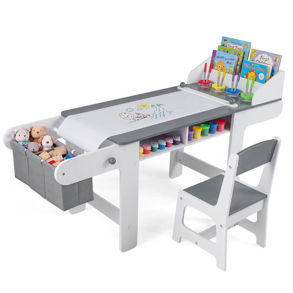 Kids art table and chair set with paper roll and fabric bins for drawing, reading, and playing - gray, angle 3 view.