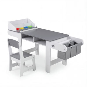 Kids art table and chair set with paper roll and fabric bins for drawing and play, gray color, angle view 4.