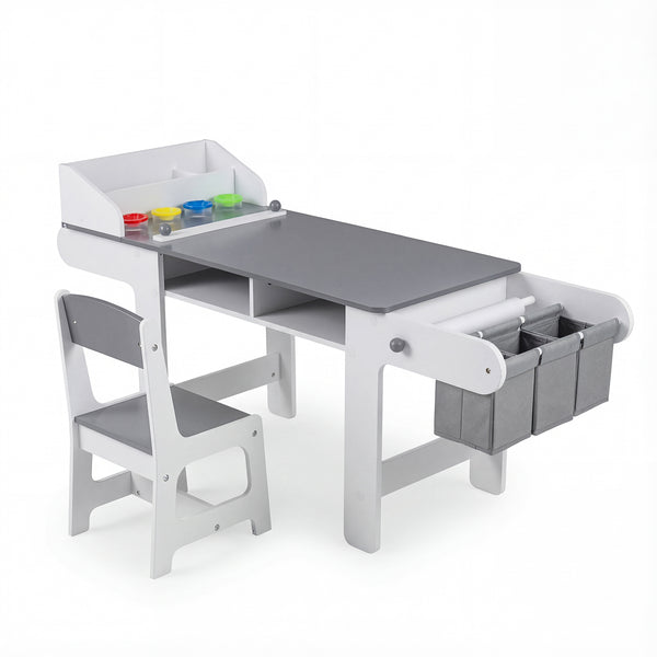 Kids art table and chair set with paper roll and fabric bins for drawing and play, gray color, angle view 4.