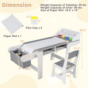 Kids art table and chair set with paper roll and fabric bins in gray for drawing, reading, studying, and playing.