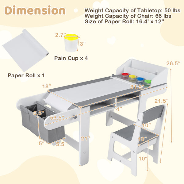 Kids art table and chair set with paper roll and fabric bins in gray for drawing, reading, studying, and playing.