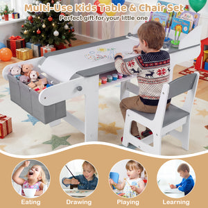 Kids art table and chair set with paper roll and fabric bins for drawing, reading, and playing - gray color.