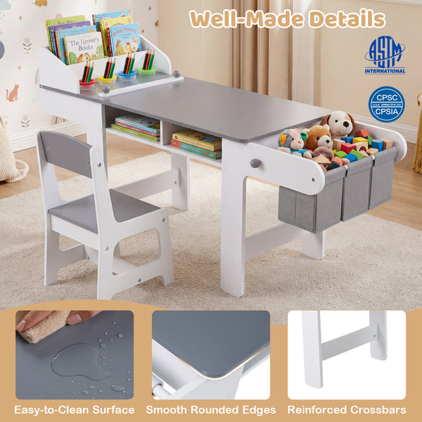 Kids art table and chair set with paper roll and fabric bins for drawing and play, gray color, angle view 7.