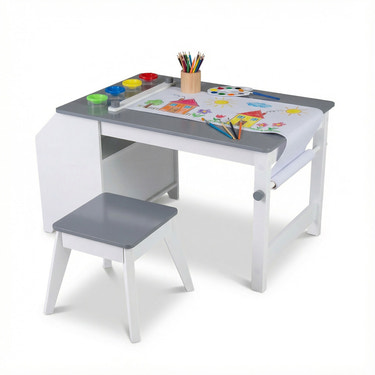 Kids art table and stool set for toddlers with paper roll and paint cups, perfect for creative learning activities.