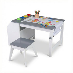 Kids art table and stool set for toddlers with paper roll and paint cups, perfect for creative learning activities.