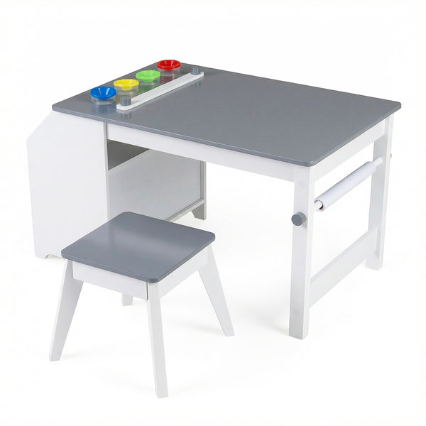 Kids art table and stool set in gray with paper roll and paint cups for toddler drawing activities. Angle 2 view.