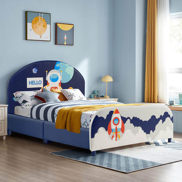 Kids upholstered platform bed with headboard and footboard, perfect for stylish and comfortable sleep.