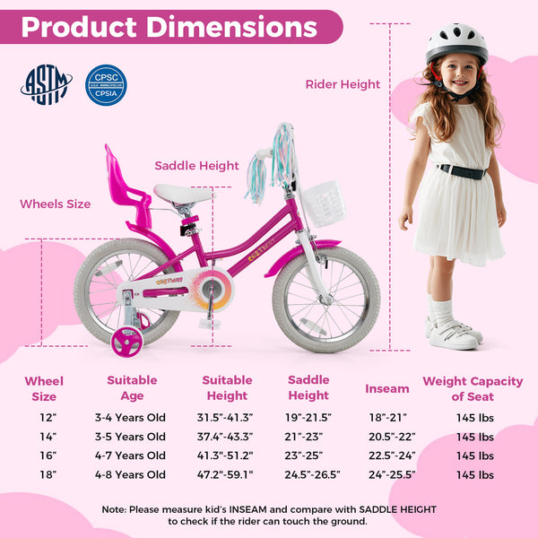 Kids Bike 12 Inch with Training Wheels and 2 Brake System for 3