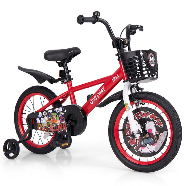 16-inch kids bike with adjustable features, storage basket, and double brake for ages 4-8, shown from angle 3.