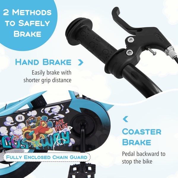 16-inch kids bike with adjustable handlebar and saddle for ages 4-8, shown at a 15-degree angle.