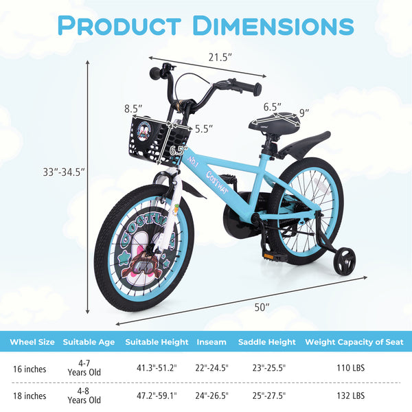16 Inch Kids Bike with Adjustable Handlebar and Saddle for 4-8 Years Old