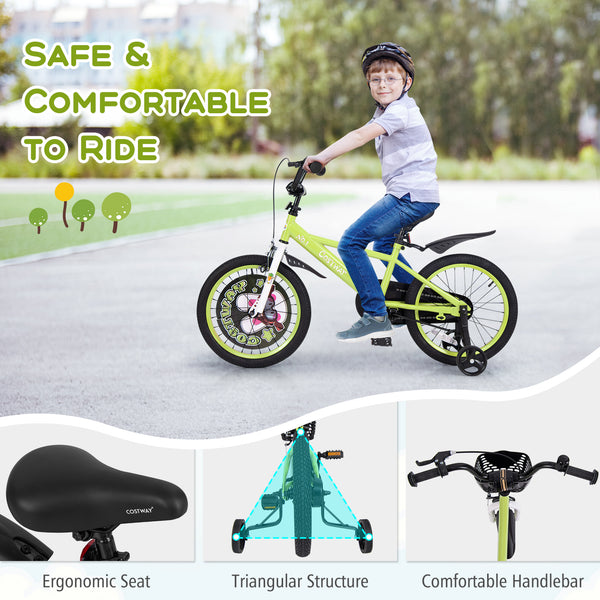 16-inch kids bike with adjustable seat and detachable training wheels for ages 4-8, viewed at a 15-degree angle.