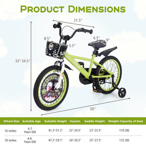 16-inch kids bike with adjustable height and detachable training wheels for ages 4-8, viewed from angle 12.
