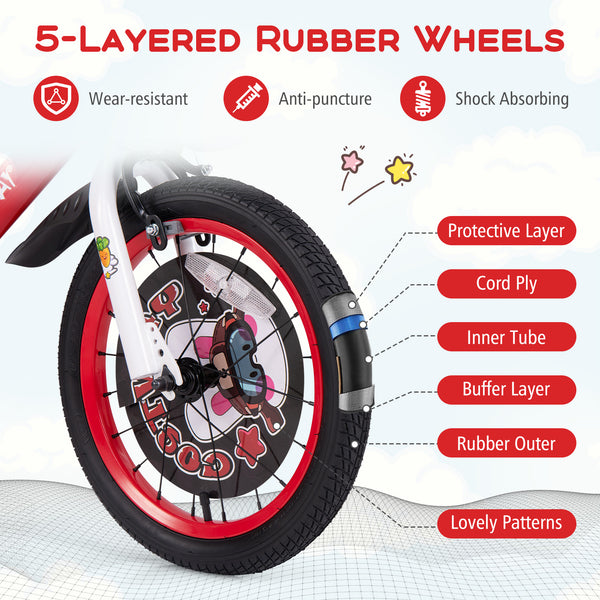 16-inch kids bike with adjustable seat, storage basket, and double brake for ages 4-8, angled view.
