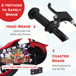 16-inch kids bike with adjustable features, storage basket, and double brake for ages 4-8, shown at a 15-degree angle.
