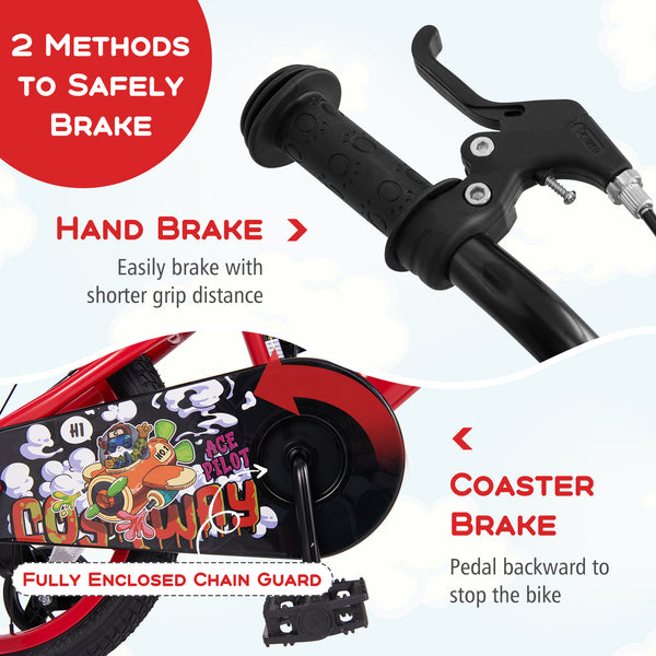 16-inch kids bike with adjustable features, storage basket, and double brake for ages 4-8, shown at a 15-degree angle.