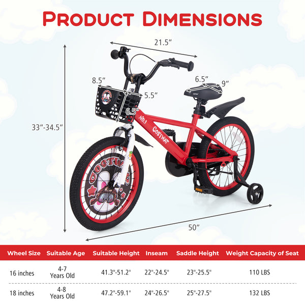 16-inch kids bike with adjustable features, storage basket, and double brake for ages 4-8, shown at angle 12.