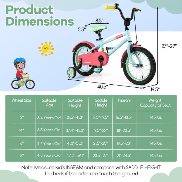 Kids Bike with Adjustable Handlebar and Saddle Blue - Training Wheels
