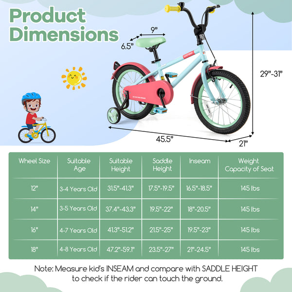 Kids Bike with Adjustable Handlebar and Saddle Blue - Training Wheels
